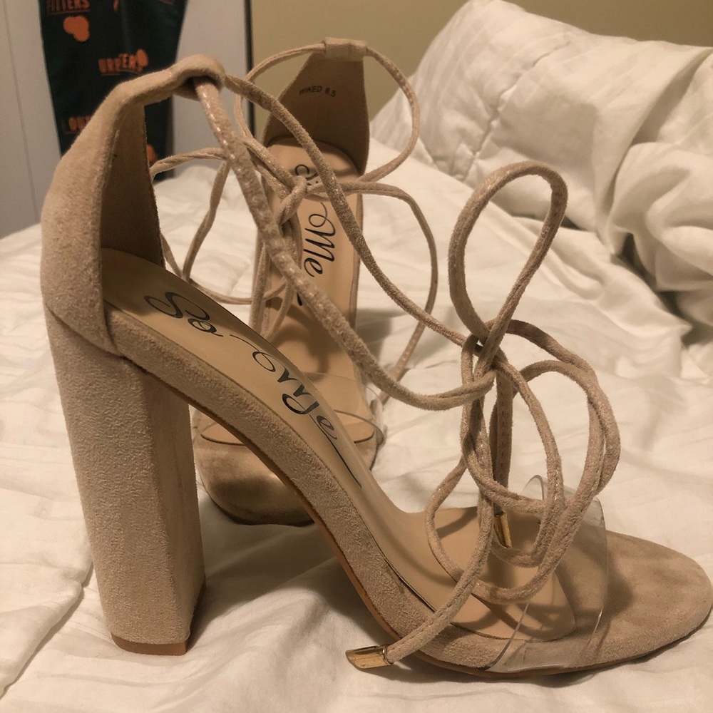 Nude lace up heel with plastic detail
